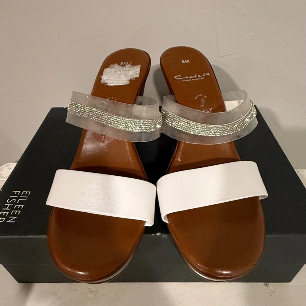 Contesa Wedge Sandals Women 8M White Brown Clear Good Rhinestone Made in Italy